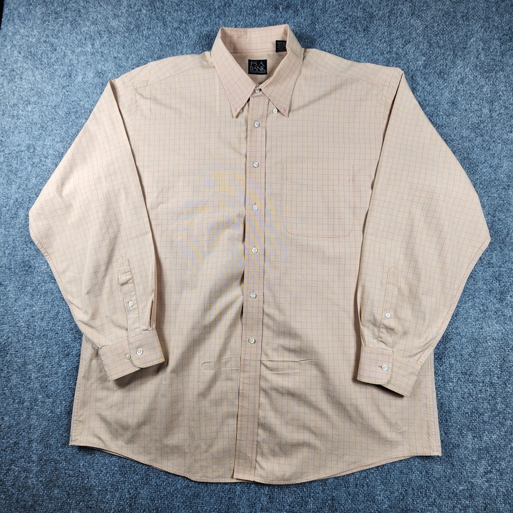 Jos. A. Bank Travelers Collection Shirt XL Peach Blue Check Button Down Cotton